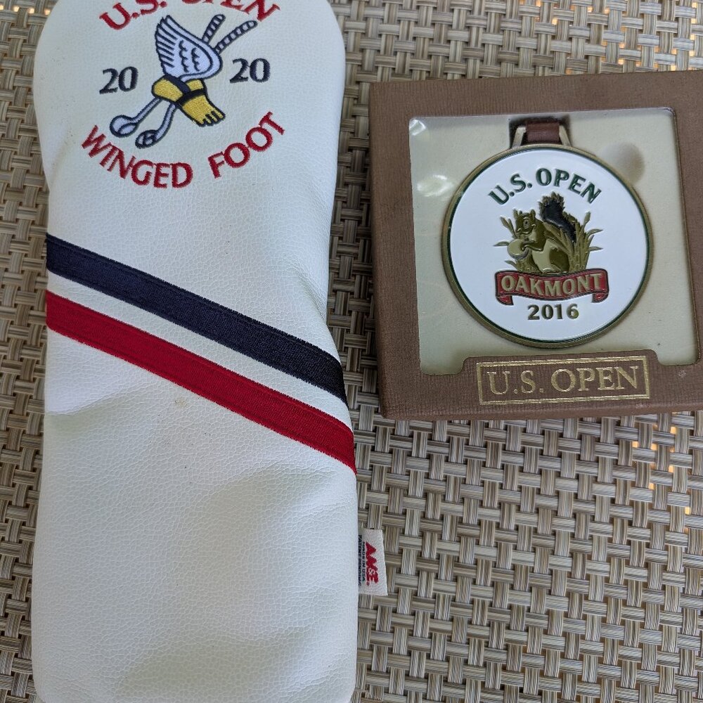 US Open collector's items, new metal 2016 Oakmont bag tag & custom Head Cover